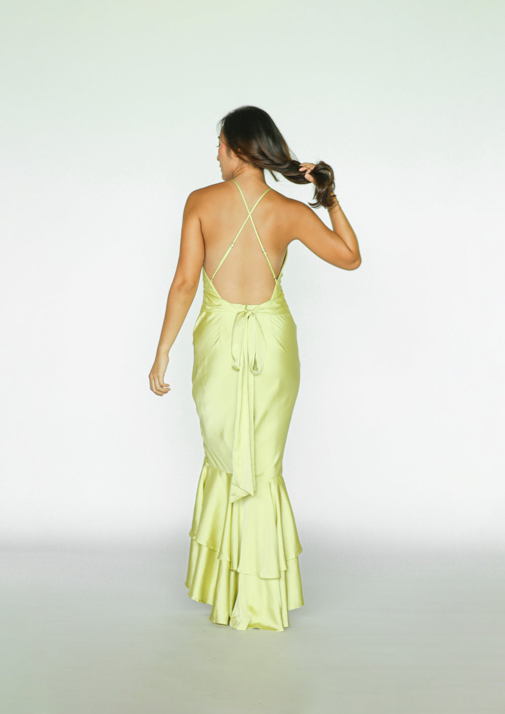 Lime Green Tiered Satin Maxi Dress