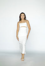 Draped Cut-Out White Midi Dress