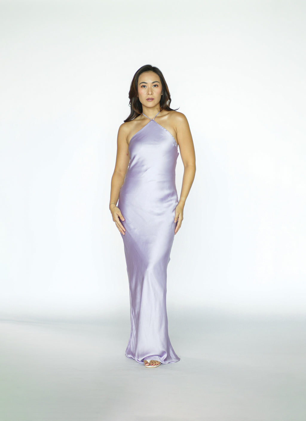 Purple Halter Open Back Satin Dress