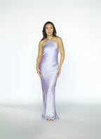 Purple Halter Open Back Satin Dress