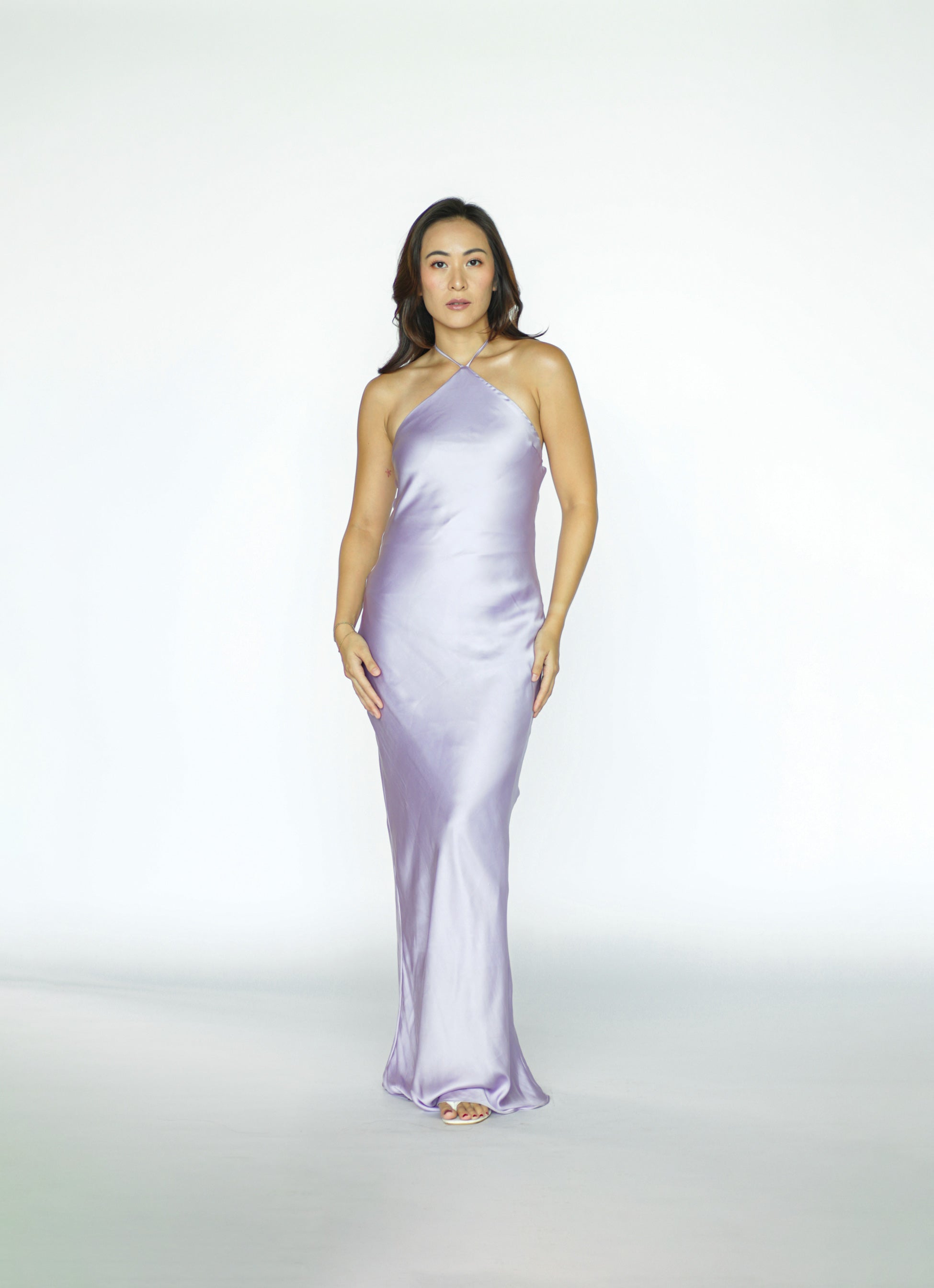 Purple Halter Open Back Satin Dress