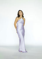 Purple Halter Open Back Satin Dress