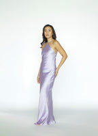 Purple Halter Open Back Satin Dress