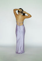 Purple Halter Open Back Satin Dress
