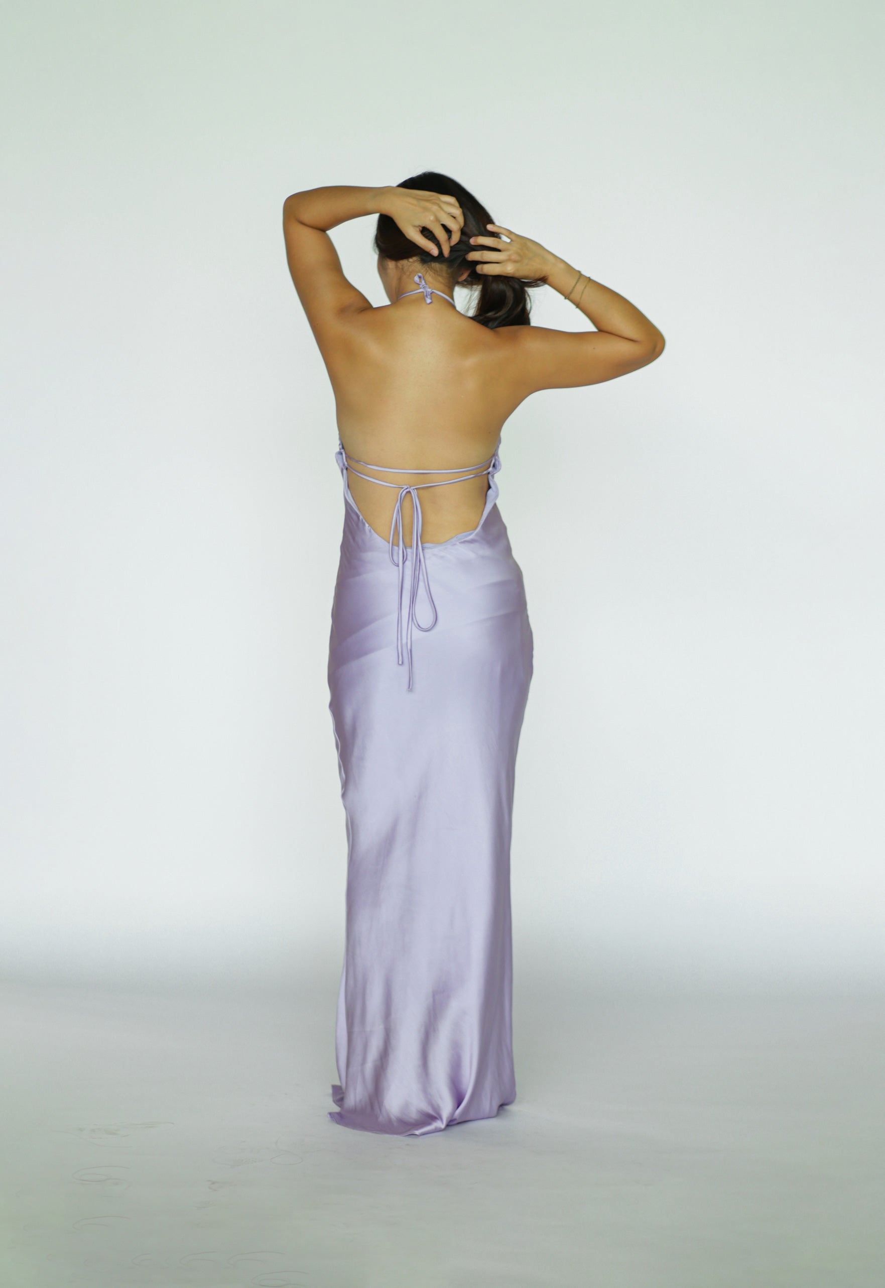 Purple Halter Open Back Satin Dress