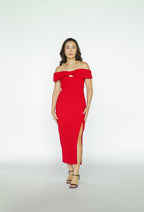 Red Crepe Bow Midi Dress