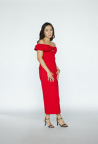 Red Crepe Bow Midi Dress