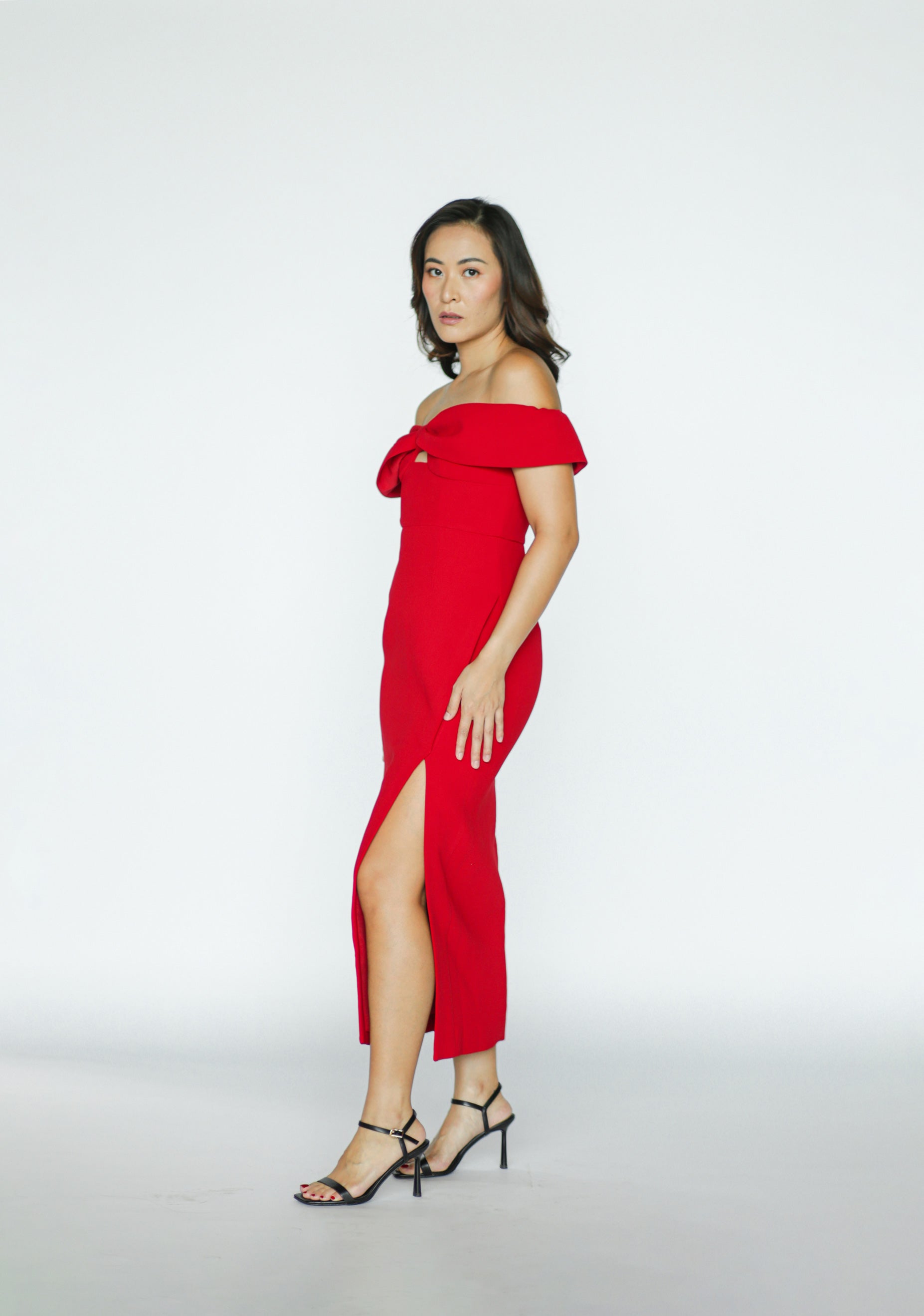 Red Crepe Bow Midi Dress