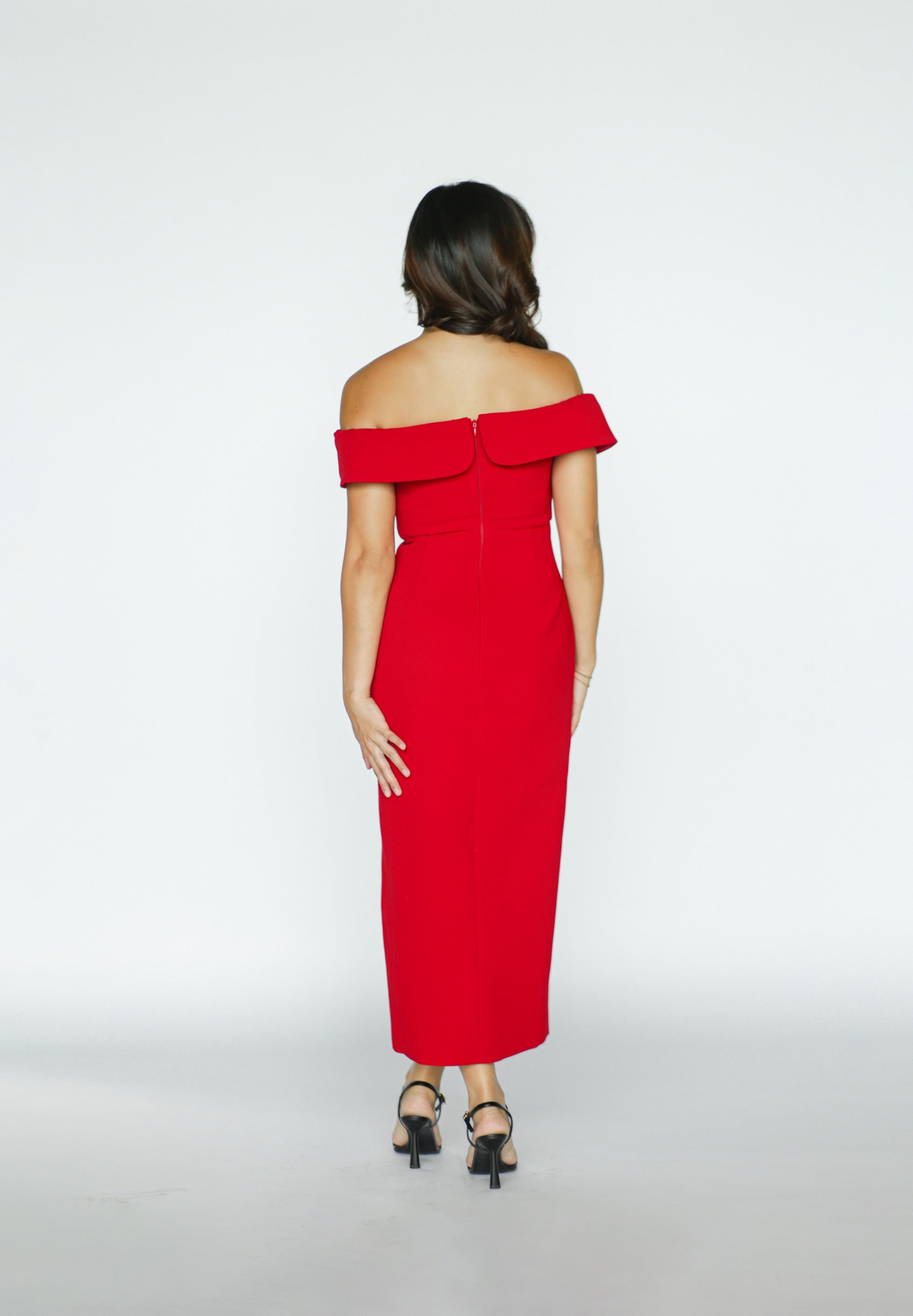 Red Crepe Bow Midi Dress