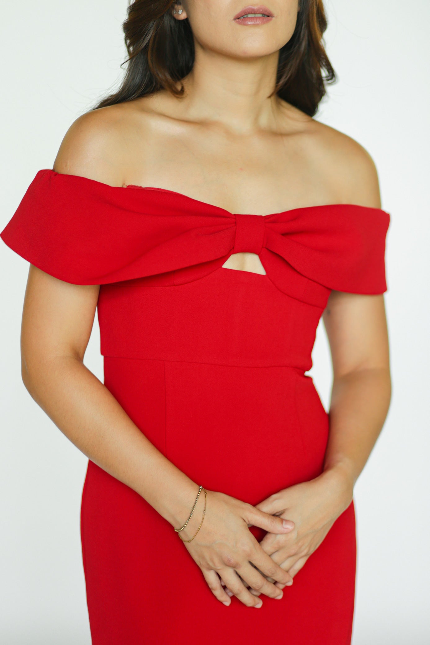 Red Crepe Bow Midi Dress