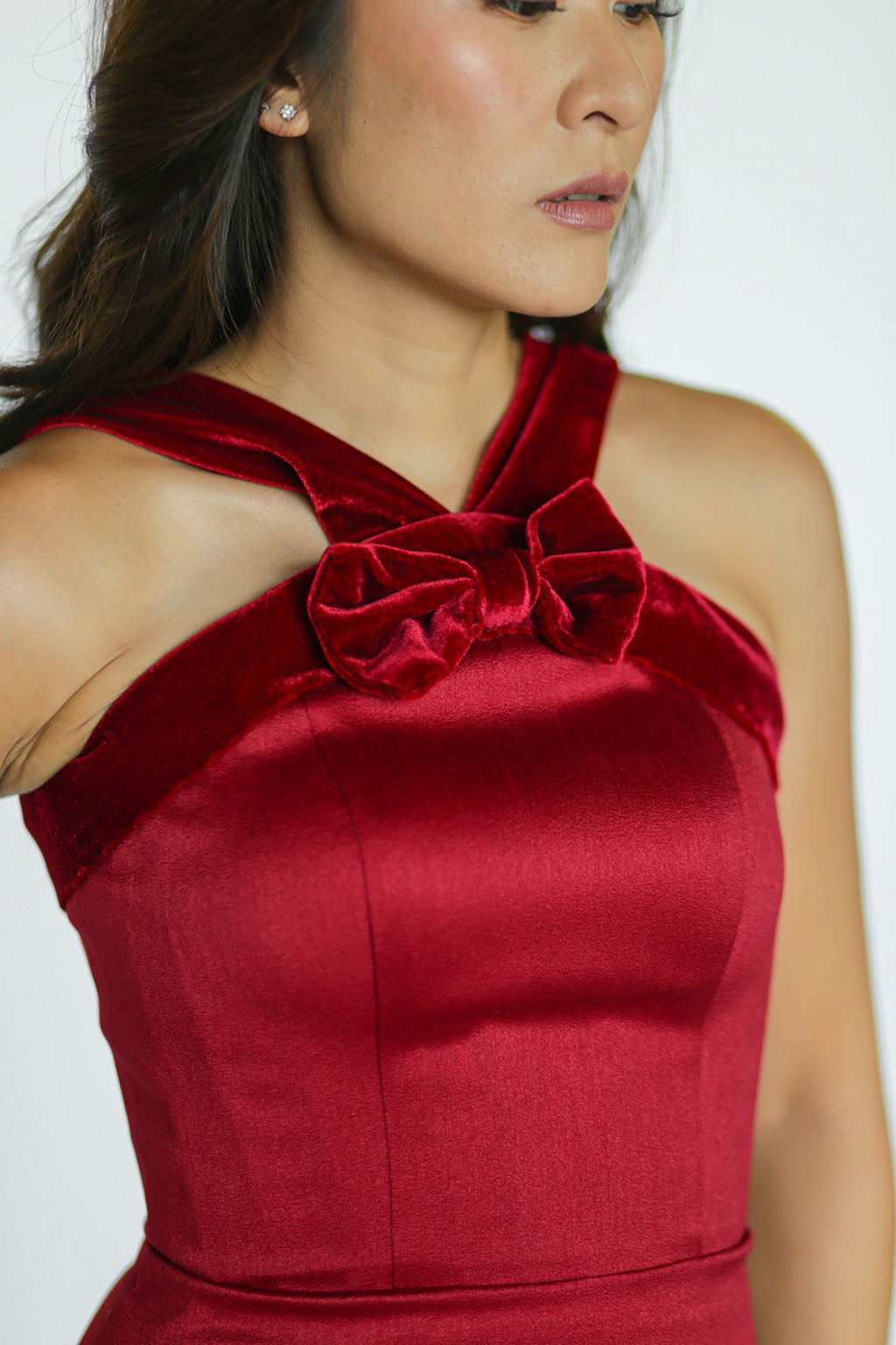 Red Halter Mini Dress with Velvet Bow Detail