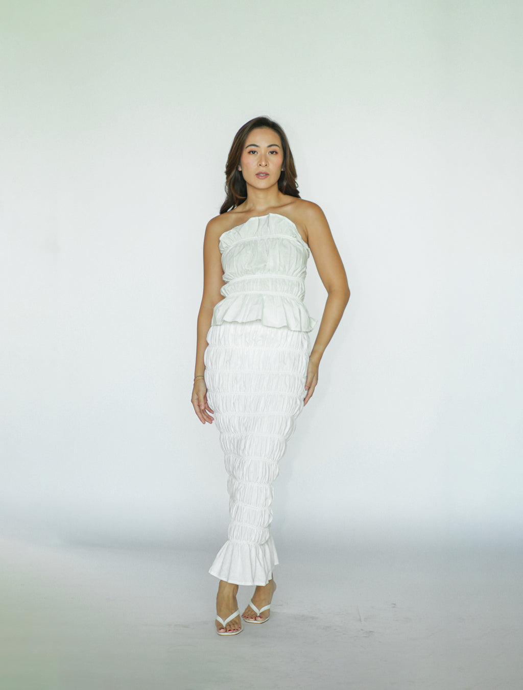 White Ruched Top and Skirt Coord