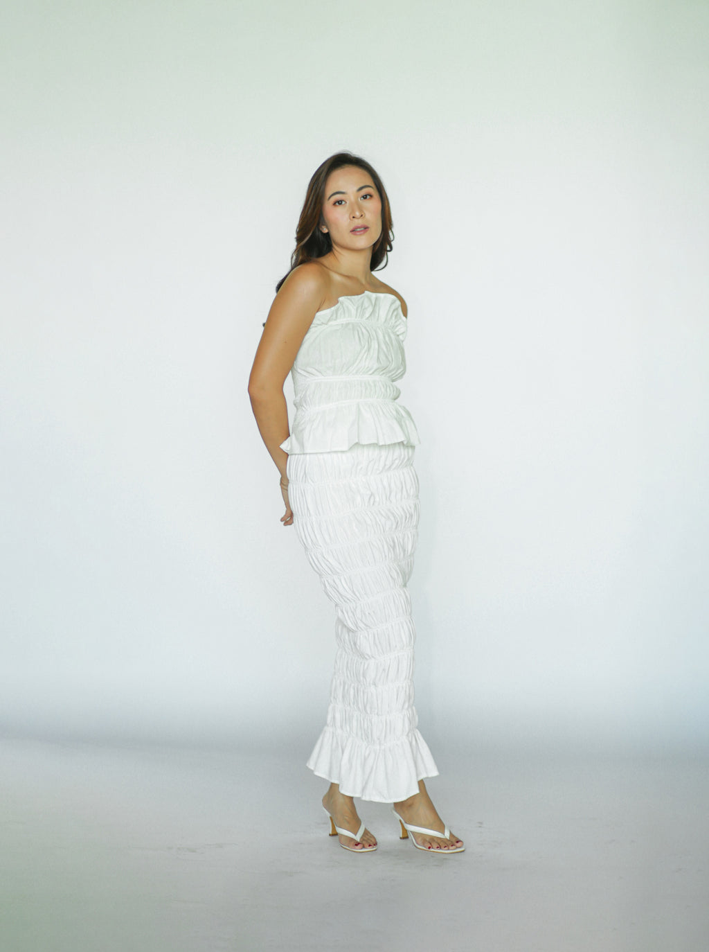 White Ruched Top and Skirt Coord