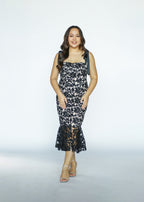 Black Floral Midi Dress with Nude Base