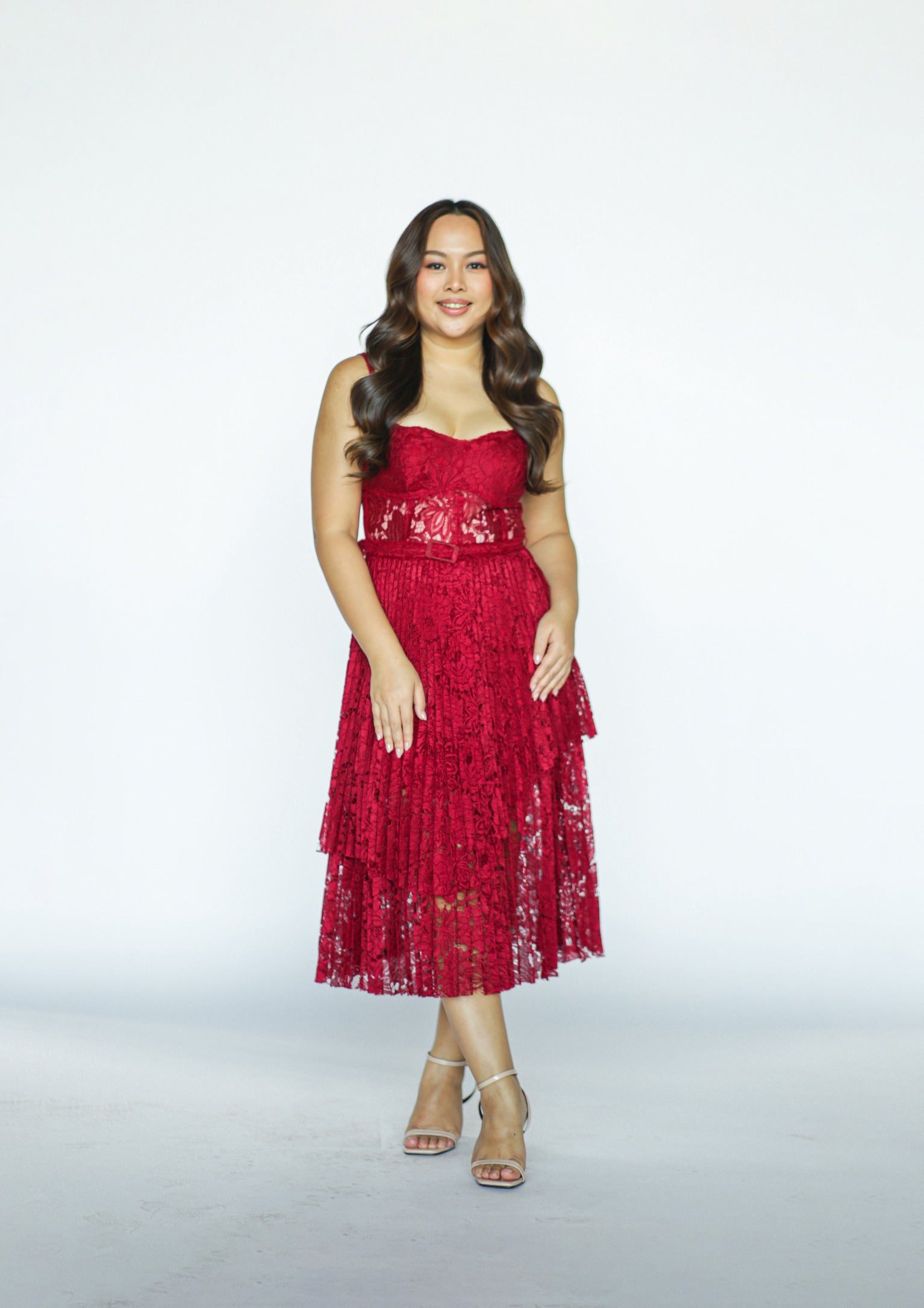 Red Lace Pleated Midi Dress
