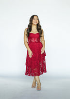Red Lace Pleated Midi Dress