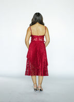Red Lace Pleated Midi Dress