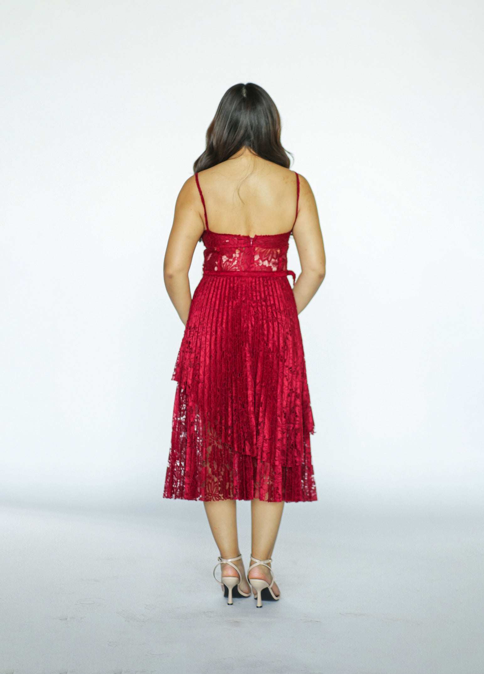 Red Lace Pleated Midi Dress
