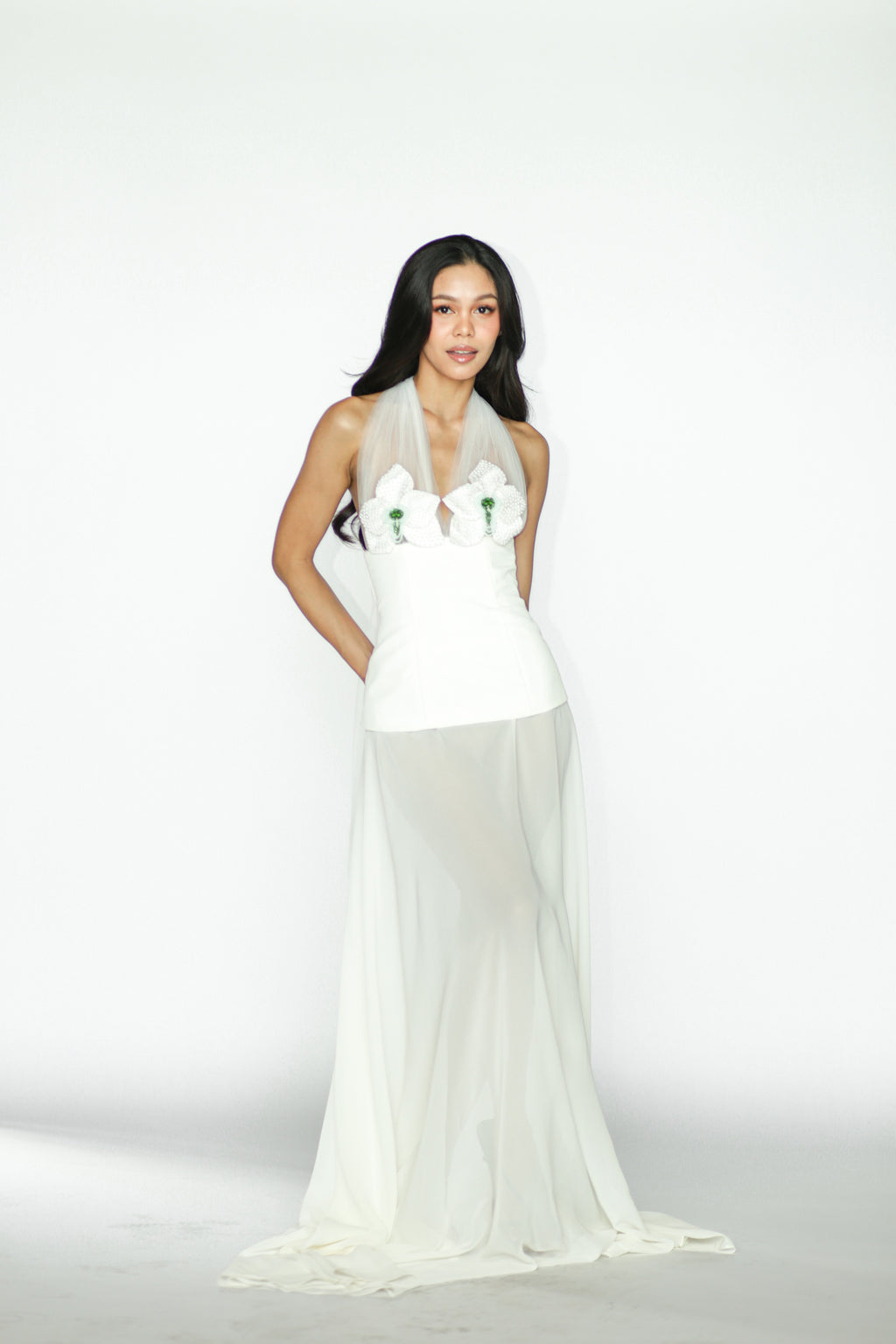 Orchid Embellished Top with Pearls and Green Beads with White Skirt