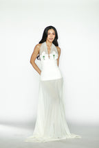 Orchid Embellished Top with Pearls and Green Beads with White Skirt