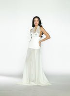 Orchid Embellished Top with Pearls and Green Beads with White Skirt