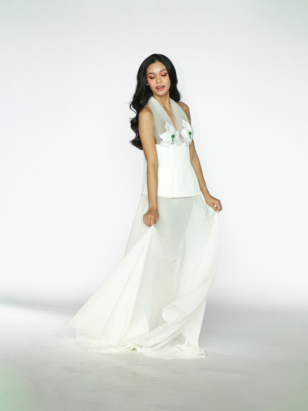 Orchid Embellished Top with Pearls and Green Beads with White Skirt