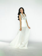 Orchid Embellished Top with Pearls and Green Beads with White Skirt