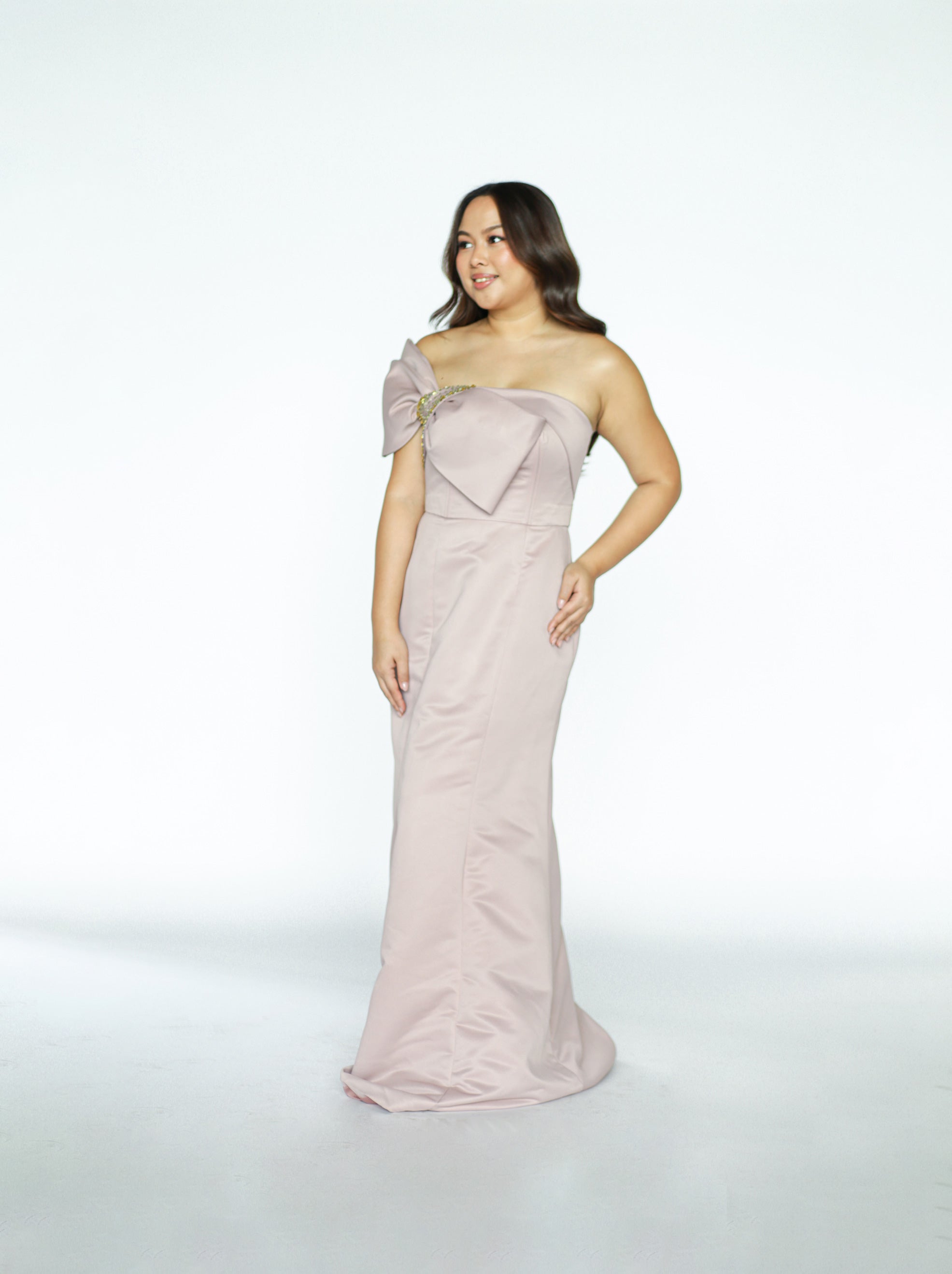 Old Rose Tube Gown with Bow and Gold Embellishments