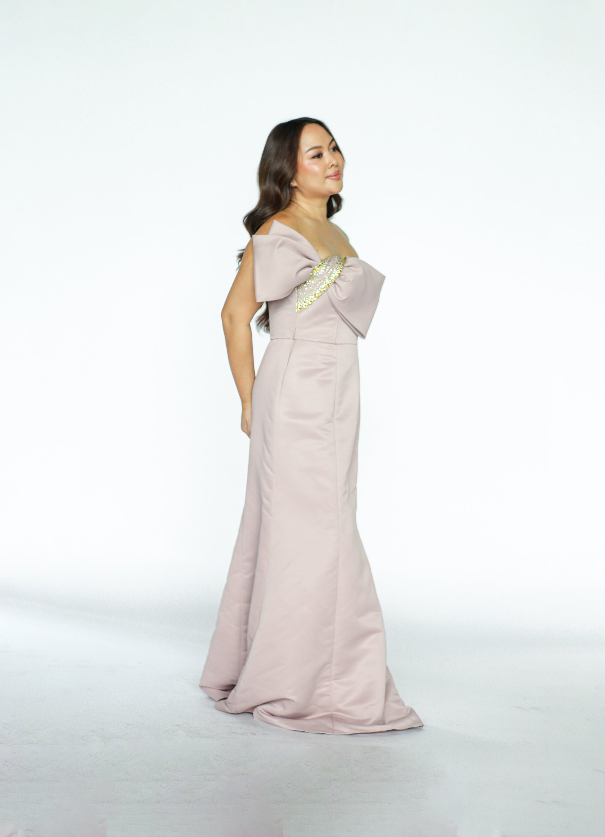 Old Rose Tube Gown with Bow and Gold Embellishments
