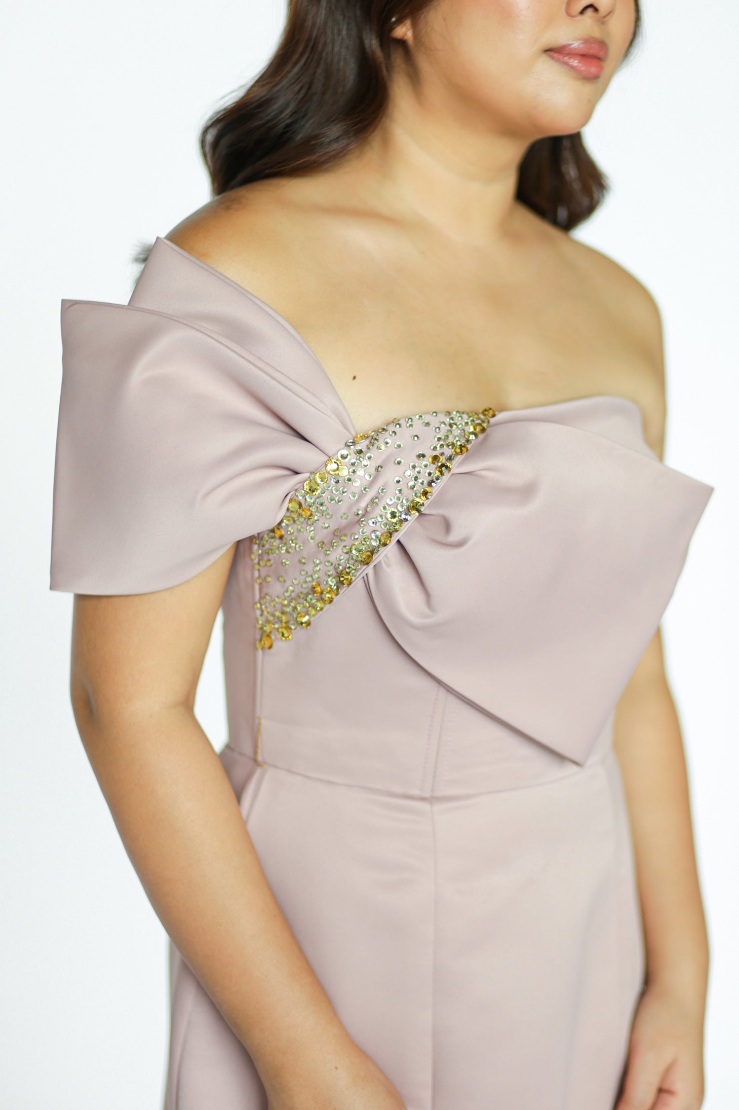 Old Rose Tube Gown with Bow and Gold Embellishments